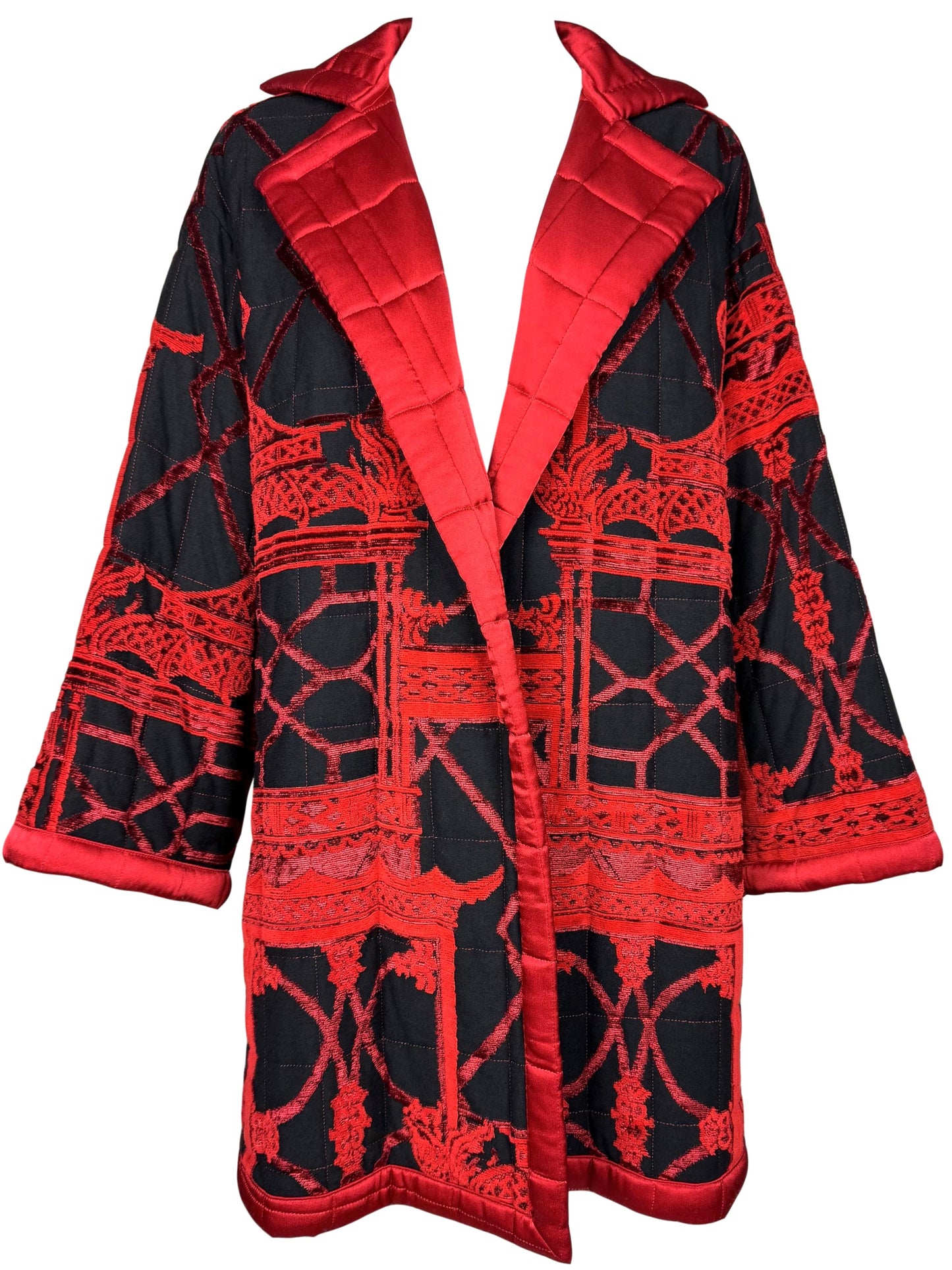 Vintage 1990's Gianfranco Ferre Black & Red Religious Buddhist Temple Knit Coat Jacket