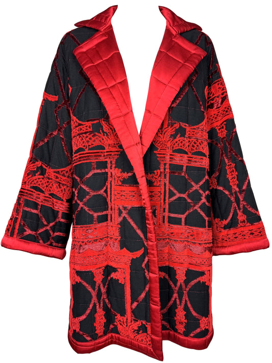 Vintage 1990's Gianfranco Ferre Black & Red Religious Buddhist Temple Knit Coat Jacket