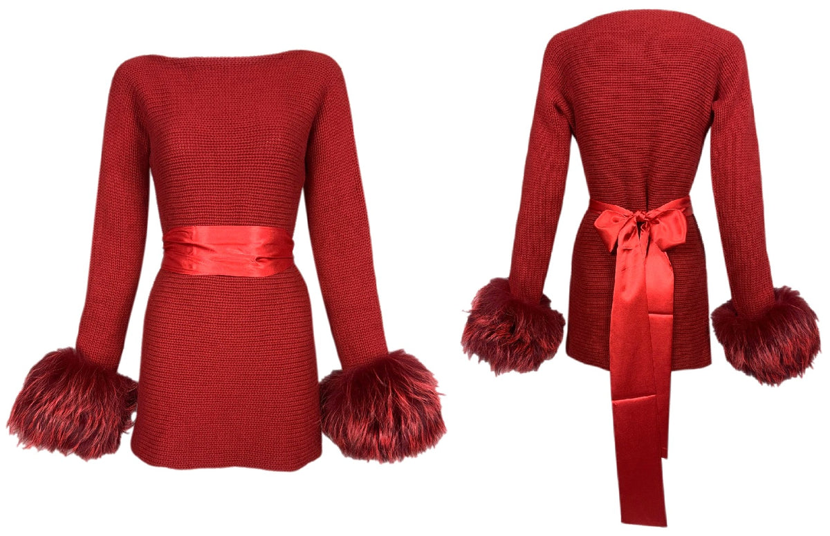 1990's Gianfranco Ferre Red Cashmere Knit L/S Mini Dress w Fox Fur Cuffs