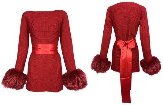 1990's Gianfranco Ferre Red Cashmere Knit L/S Mini Dress w Fox Fur Cuffs