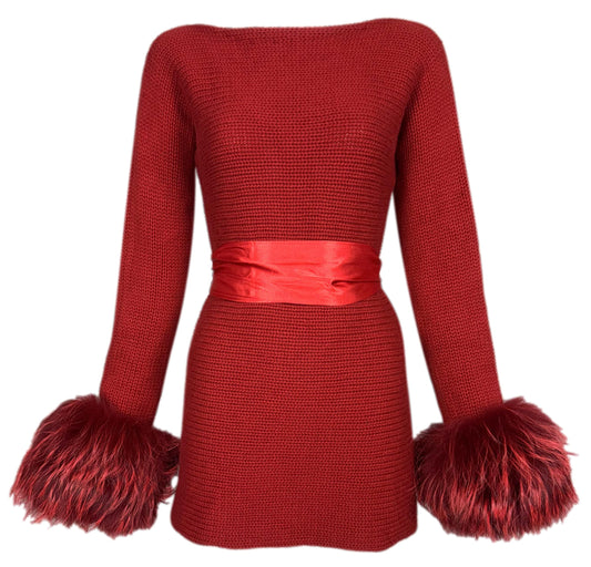 1990's Gianfranco Ferre Red Cashmere Knit L/S Mini Dress w Fox Fur Cuffs