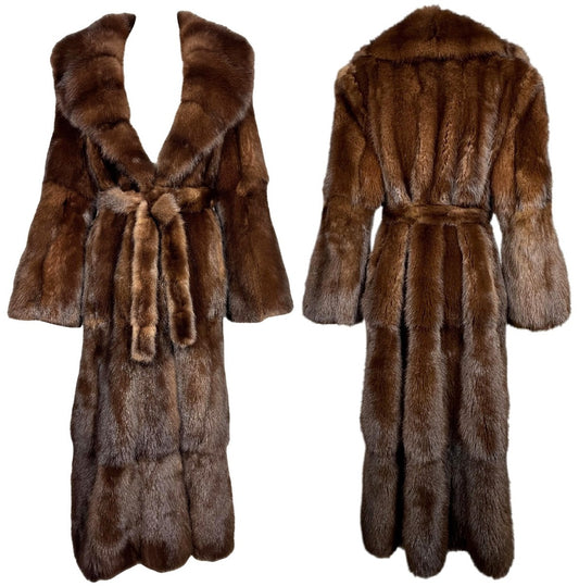 Vintage 1990's Gianfranco Ferre Russian Sobel Sable Fur Full Length Coat w Large Collar Fur Belt & Bell Sleeves
