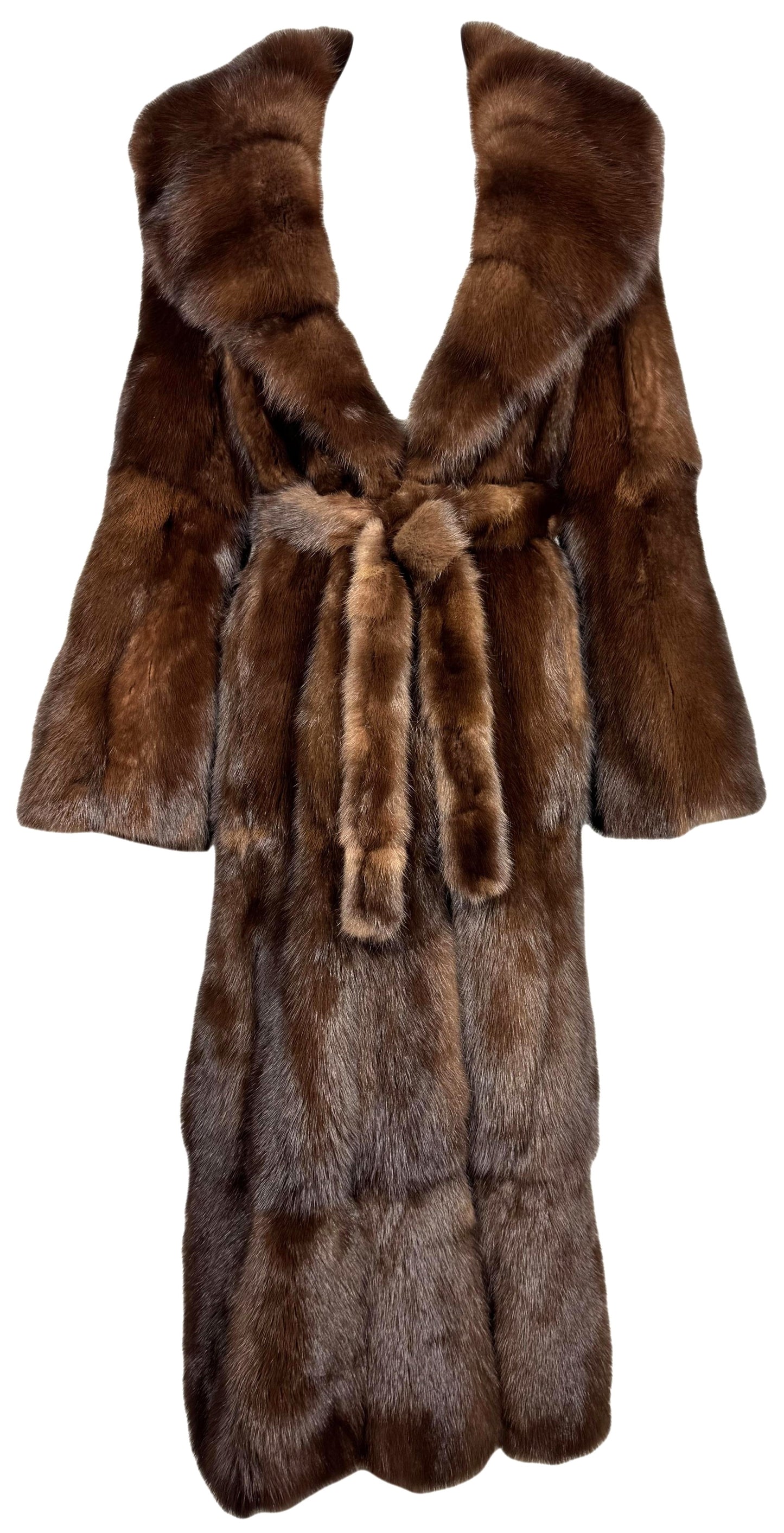 Vintage 1990's Gianfranco Ferre Russian Sobel Sable Fur Full Length Coat w Large Collar Fur Belt & Bell Sleeves