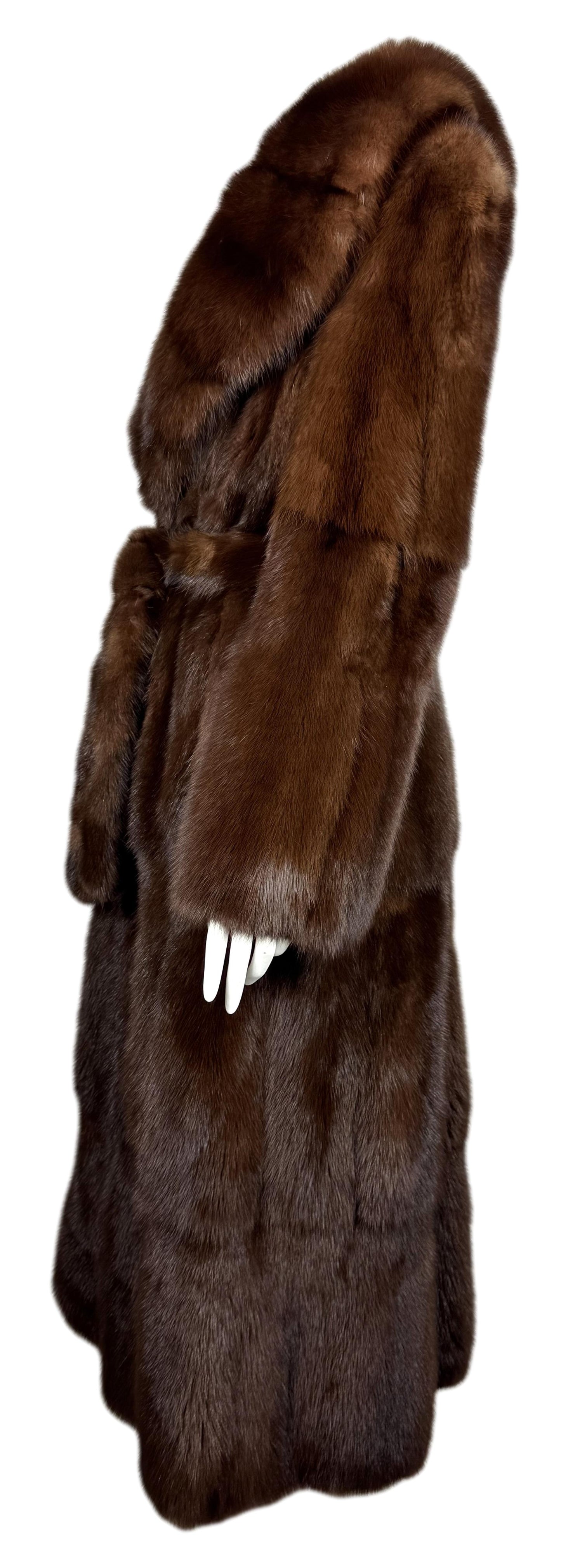 Vintage 1990's Gianfranco Ferre Russian Sobel Sable Fur Full Length Coat w Large Collar Fur Belt & Bell Sleeves
