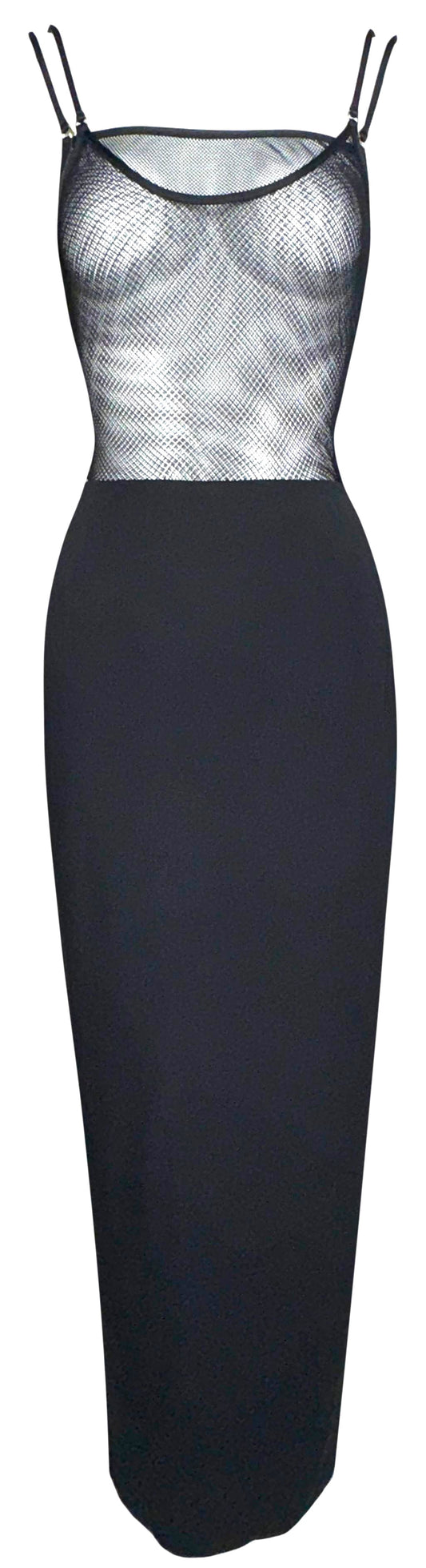 1990's Gianfranco Ferre Sheer Black Fishnet Mesh Bodysuit Top & Studded High Back Slit Maxi Skirt Set