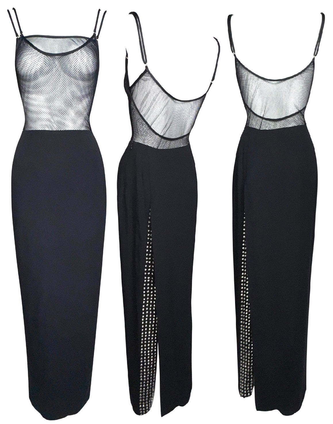 1990's Gianfranco Ferre Sheer Black Fishnet Mesh Bodysuit Top & Studded High Back Slit Maxi Skirt Set