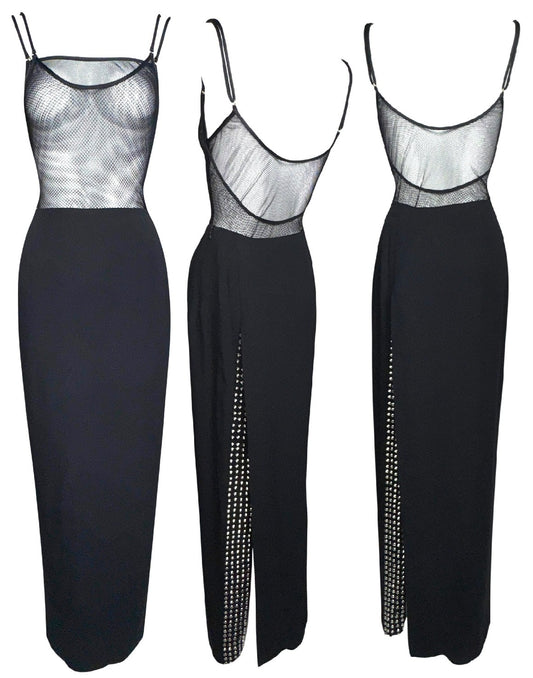 1990's Gianfranco Ferre Sheer Black Fishnet Mesh Bodysuit Top & Studded High Back Slit Maxi Skirt Set