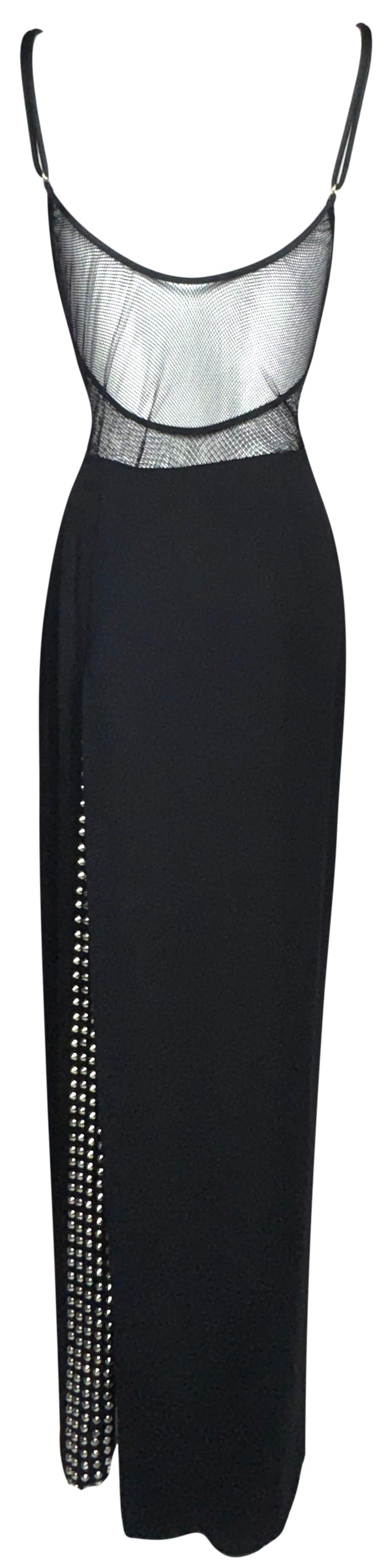 1990's Gianfranco Ferre Sheer Black Fishnet Mesh Bodysuit Top & Studded High Back Slit Maxi Skirt Set