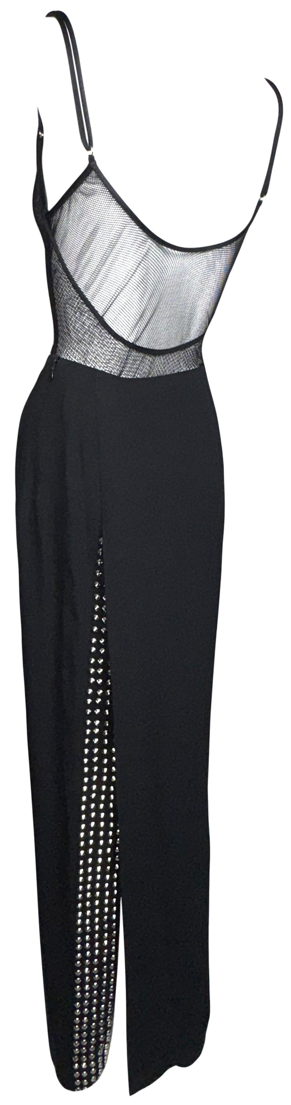 1990's Gianfranco Ferre Sheer Black Fishnet Mesh Bodysuit Top & Studded High Back Slit Maxi Skirt Set