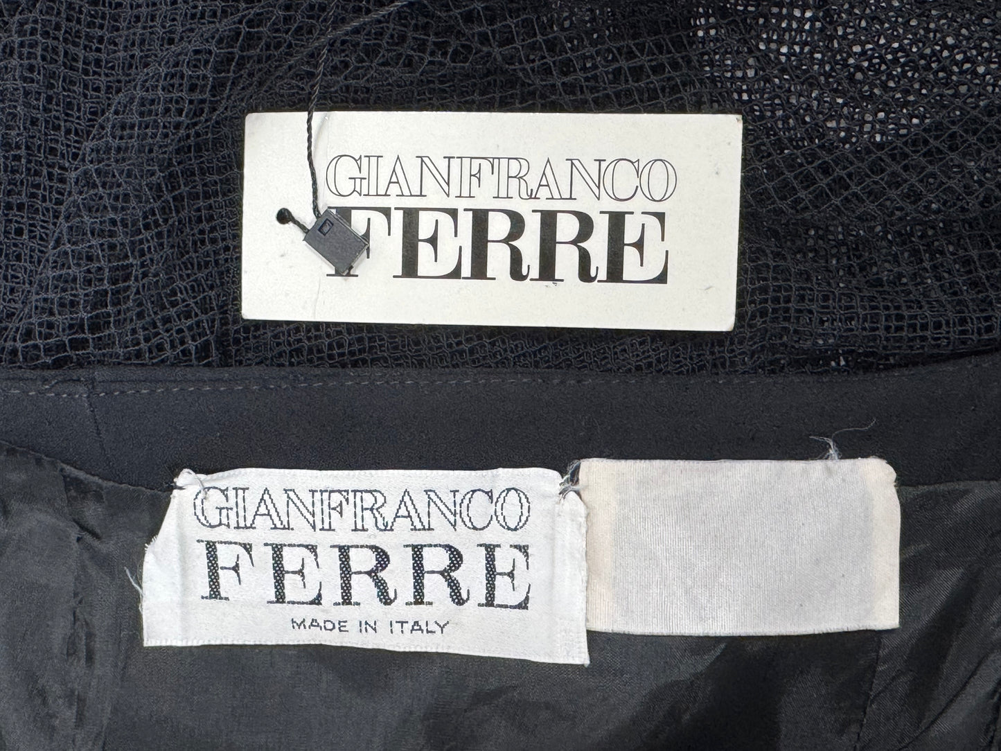 1990's Gianfranco Ferre Sheer Black Fishnet Mesh Bodysuit Top & Studded High Back Slit Maxi Skirt Set