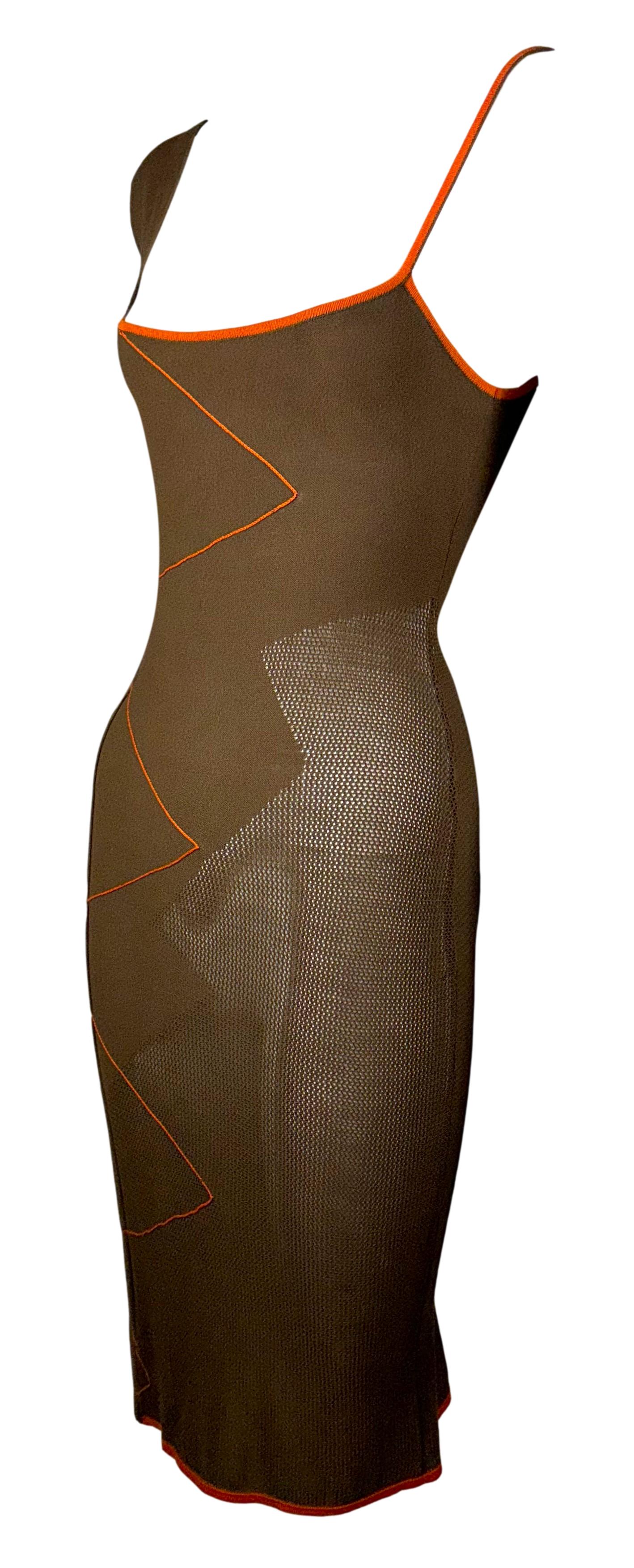 1990's Gianfranco Ferre Sheer Tan Brown & Orange Knit Zig-Zag Bodycon Dress