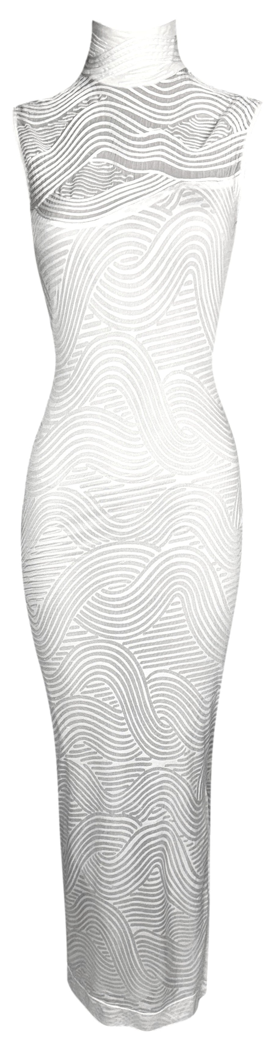 1990's Gianfranco Ferre Sheer Ivory Turtleneck Sleeveless Bodycon Cheongsam Maxi Dress