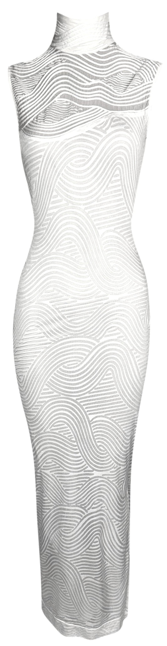 1990's Gianfranco Ferre Sheer Ivory Turtleneck Sleeveless Bodycon Cheongsam Maxi Dress