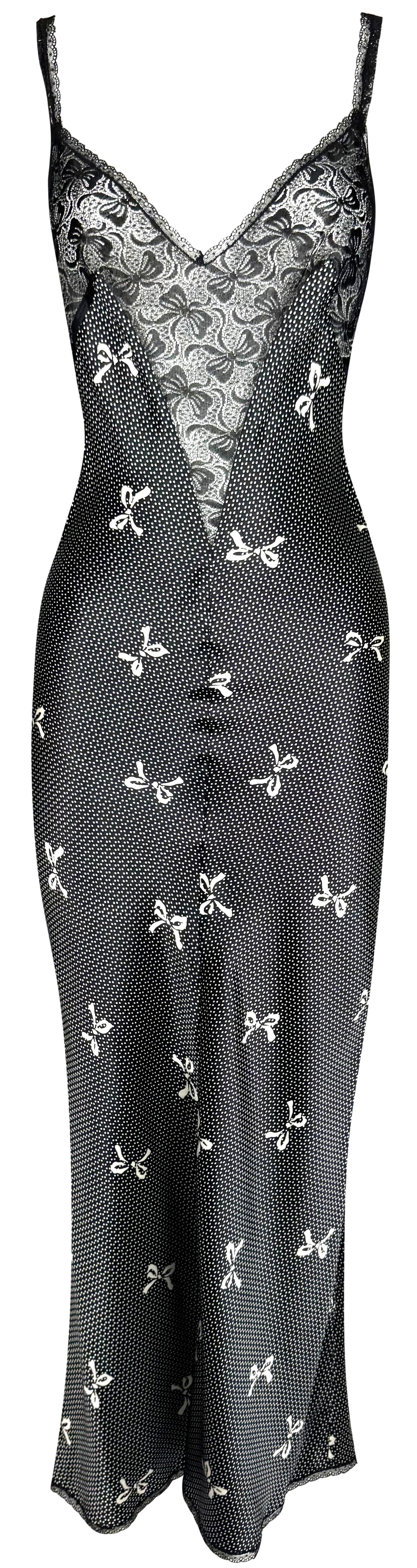 1990's Gianni Versace Black & White Lolita Bow Print Plunging Sheer Lace & Silk Maxi Slip Dress & Dressing Gown Set