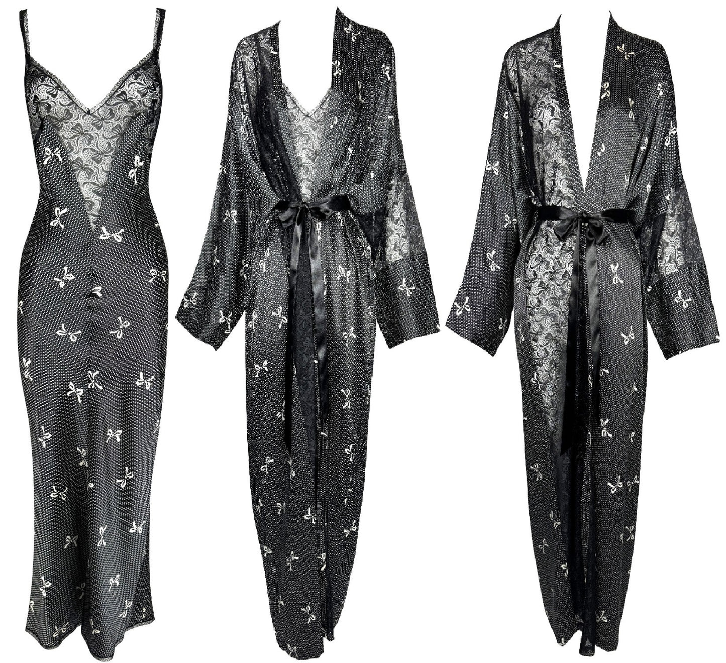 1990's Gianni Versace Black & White Lolita Bow Print Plunging Sheer Lace & Silk Maxi Slip Dress & Dressing Gown Set