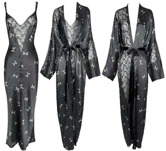 1990's Gianni Versace Black & White Lolita Bow Print Plunging Sheer Lace & Silk Maxi Slip Dress & Dressing Gown Set
