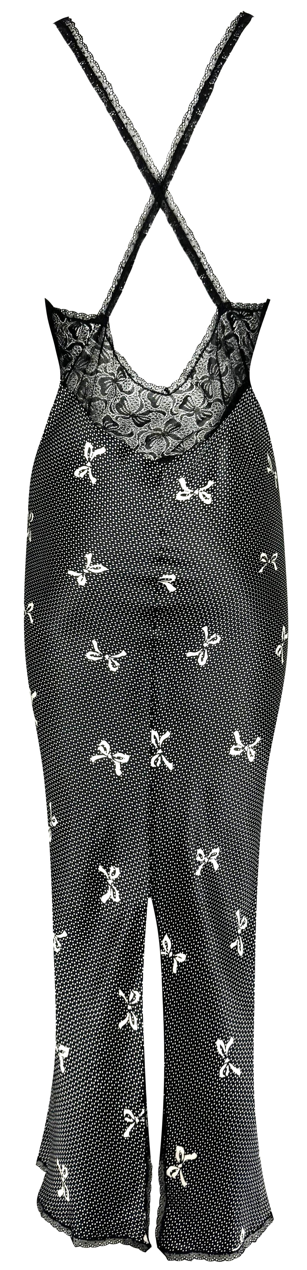 1990's Gianni Versace Black & White Lolita Bow Print Plunging Sheer Lace & Silk Maxi Slip Dress & Dressing Gown Set