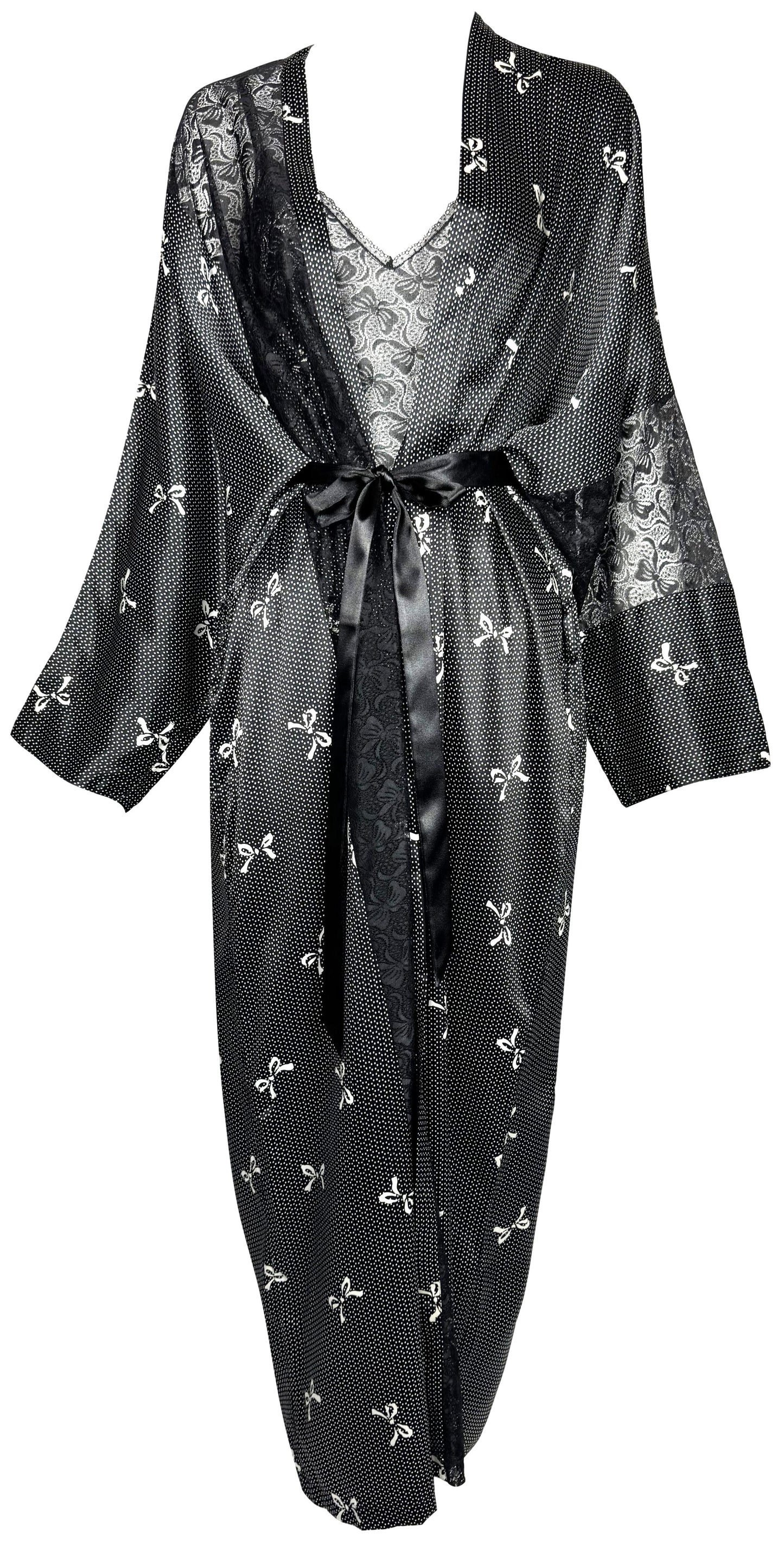 1990's Gianni Versace Black & White Lolita Bow Print Plunging Sheer Lace & Silk Maxi Slip Dress & Dressing Gown Set