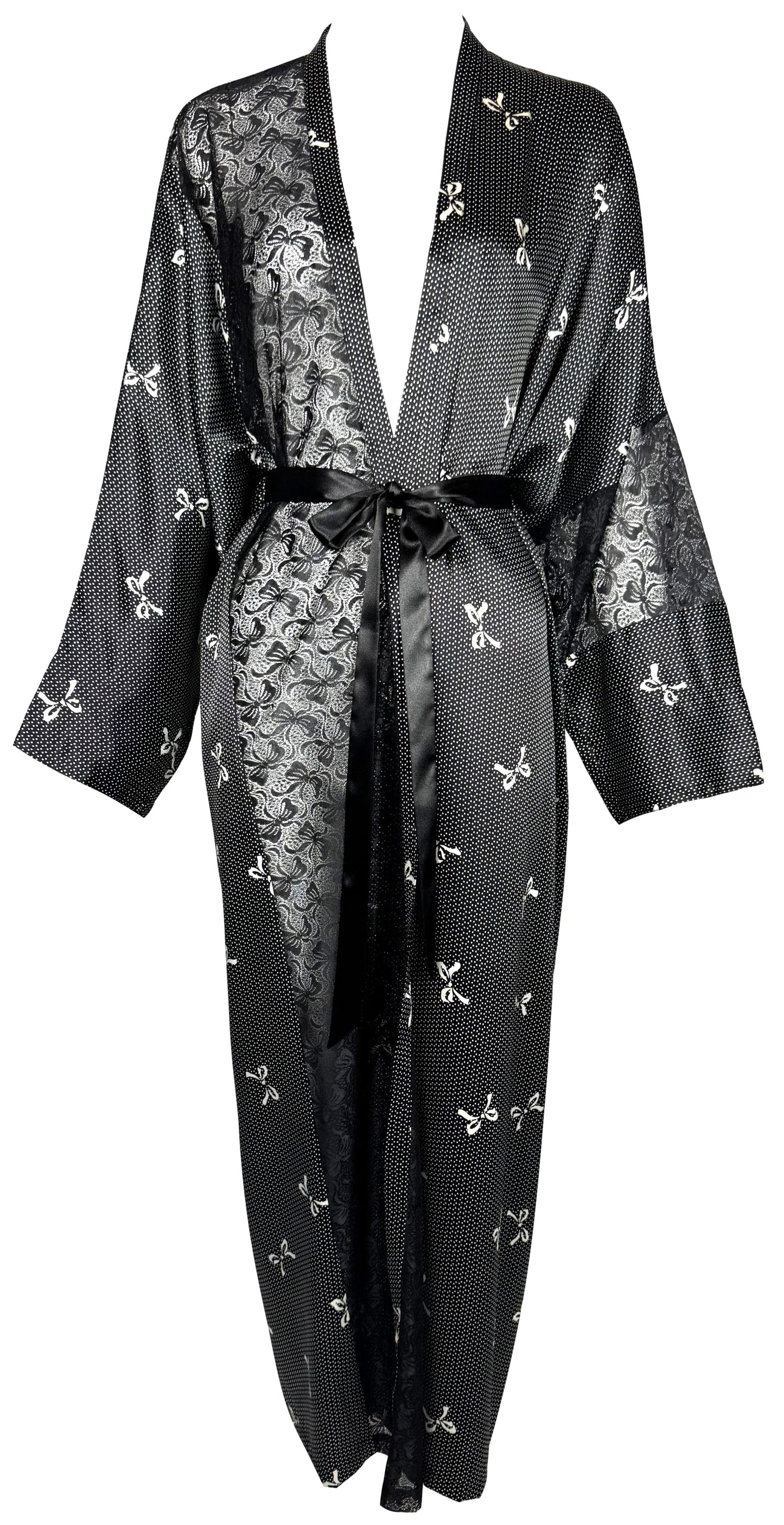 1990's Gianni Versace Black & White Lolita Bow Print Plunging Sheer Lace & Silk Maxi Slip Dress & Dressing Gown Set