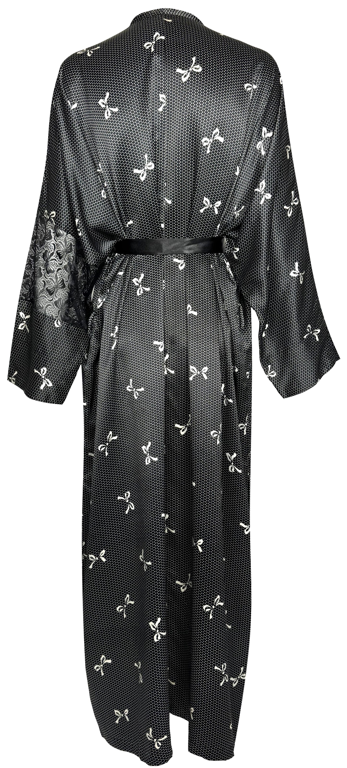 1990's Gianni Versace Black & White Lolita Bow Print Plunging Sheer Lace & Silk Maxi Slip Dress & Dressing Gown Set