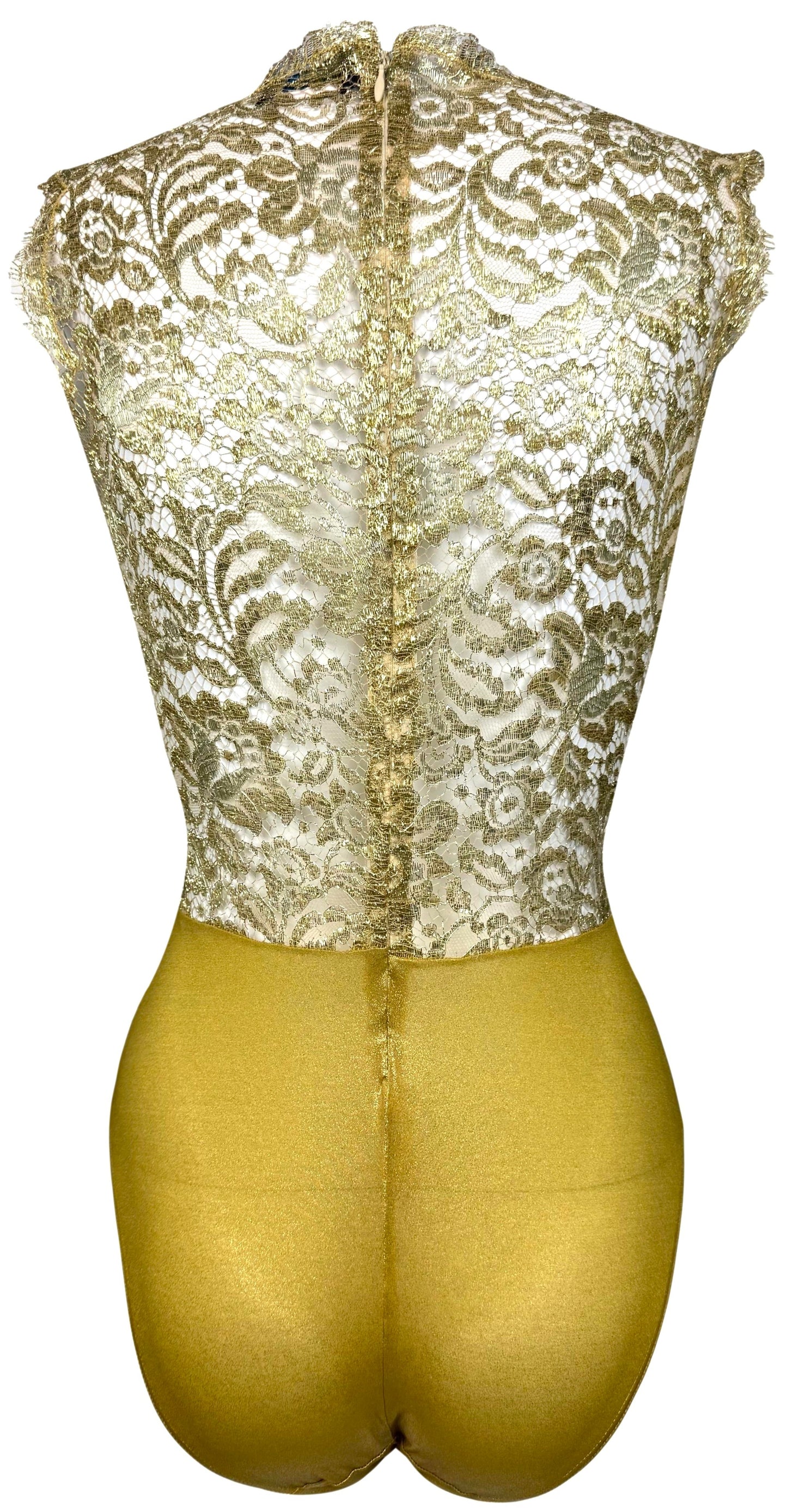 Vintage 1990's Gianni Versace Instante Sheer Gold Lace Bodysuit Top