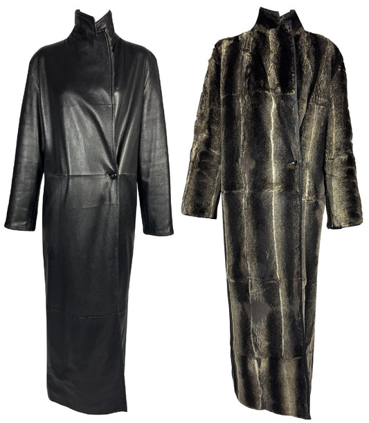 Vintage 1990's Gianni Versace Black Leather & Rex Chinchilla Fur Reversible Long Trench Coat Jacket