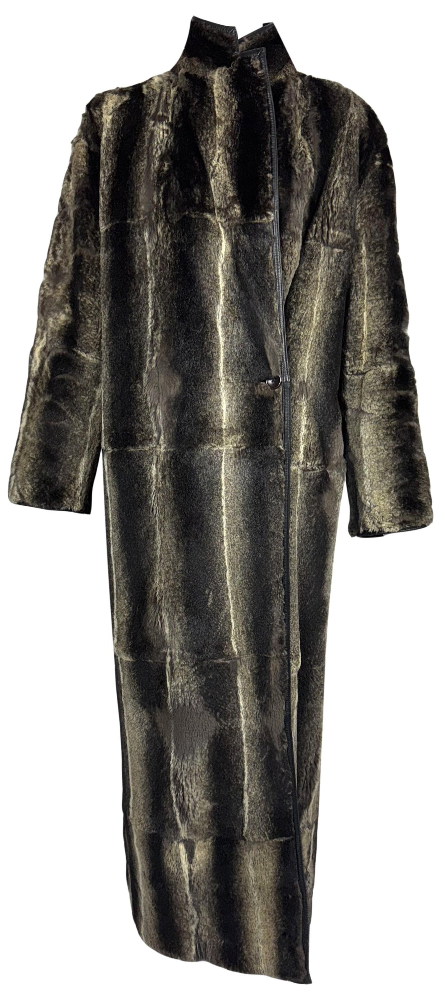 Vintage 1990's Gianni Versace Black Leather & Rex Chinchilla Fur Reversible Long Trench Coat Jacket