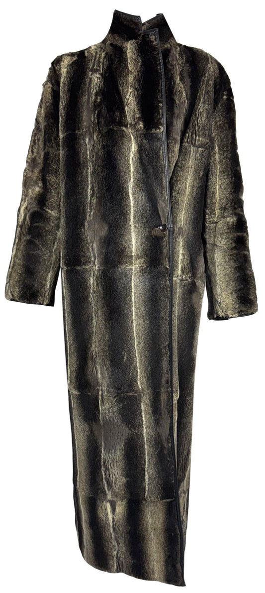 Vintage 1990's Gianni Versace Black Leather & Rex Chinchilla Fur Reversible Long Trench Coat Jacket