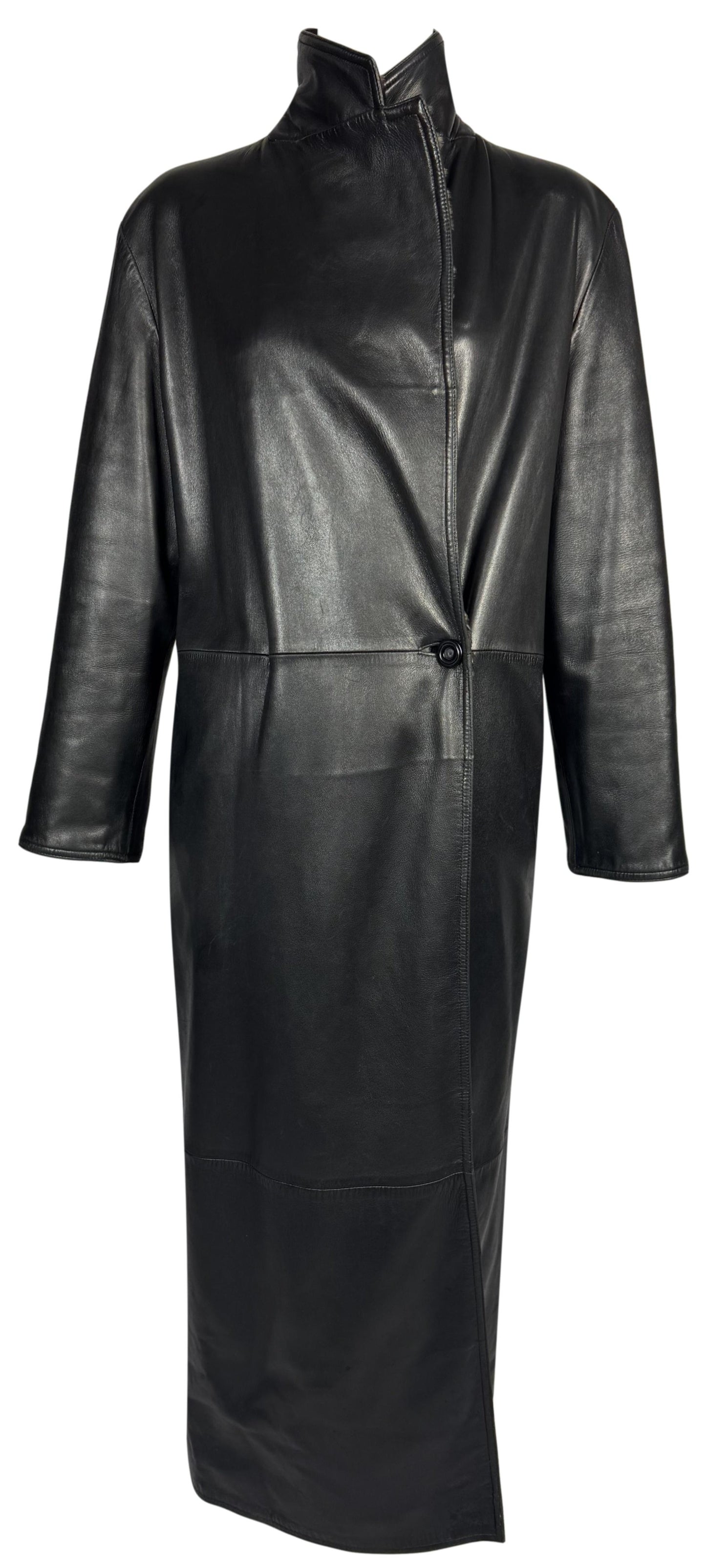 Vintage 1990's Gianni Versace Black Leather & Rex Chinchilla Fur Reversible Long Trench Coat Jacket
