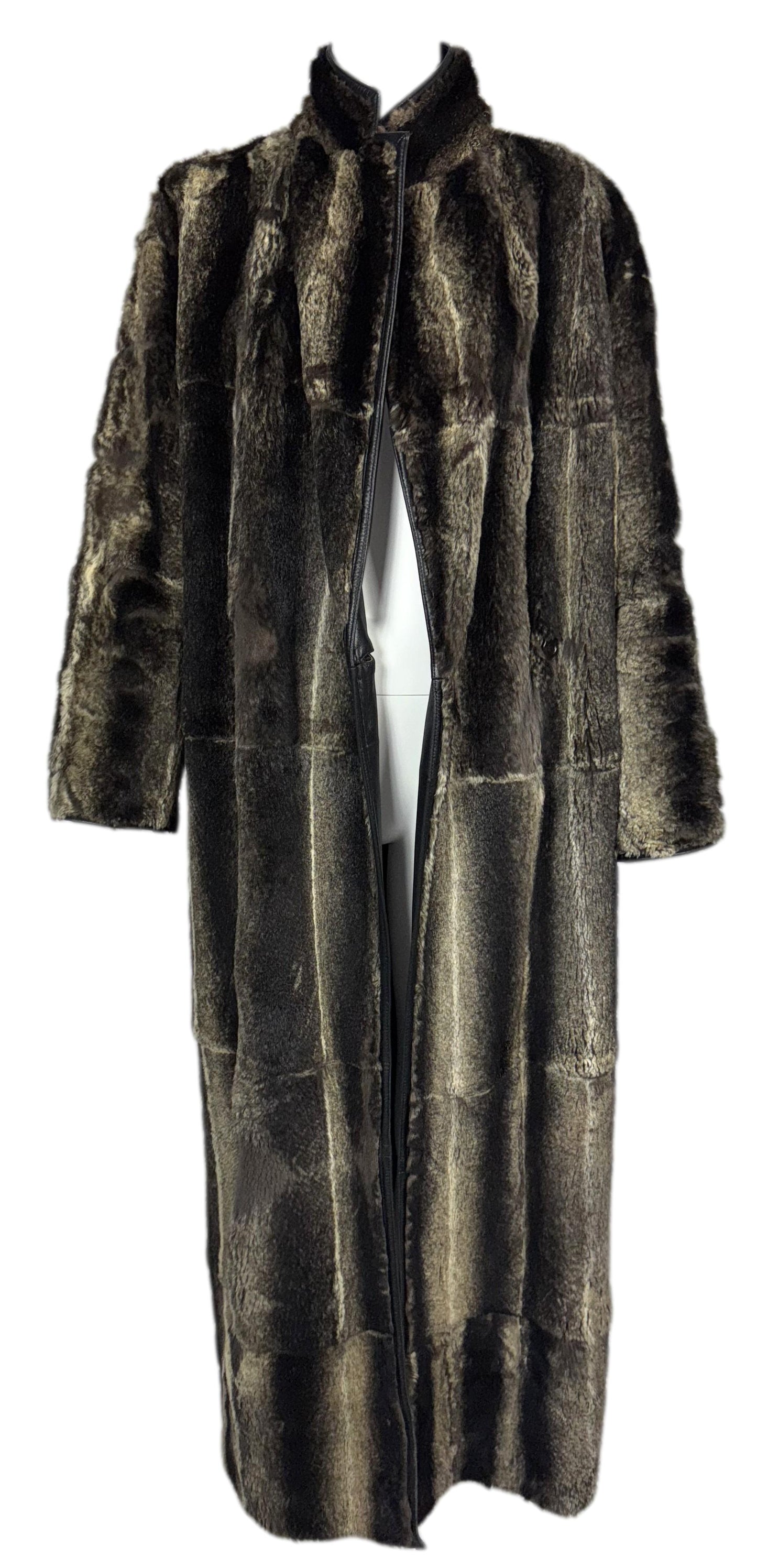 Vintage 1990's Gianni Versace Black Leather & Rex Chinchilla Fur Reversible Long Trench Coat Jacket