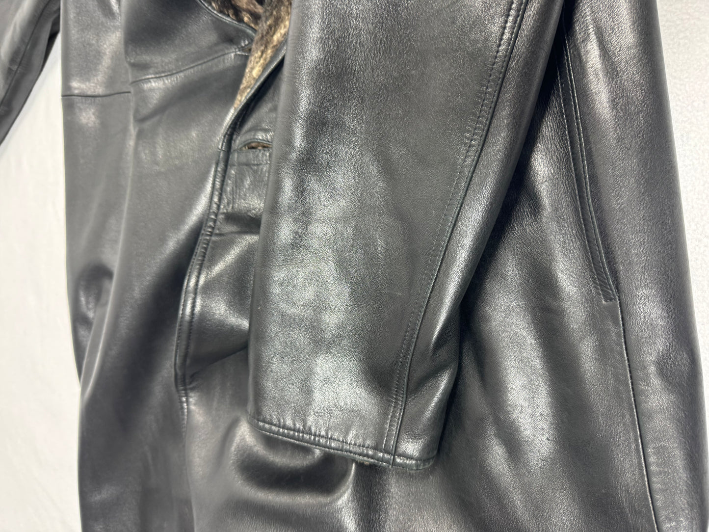 Vintage 1990's Gianni Versace Black Leather & Rex Chinchilla Fur Reversible Long Trench Coat Jacket