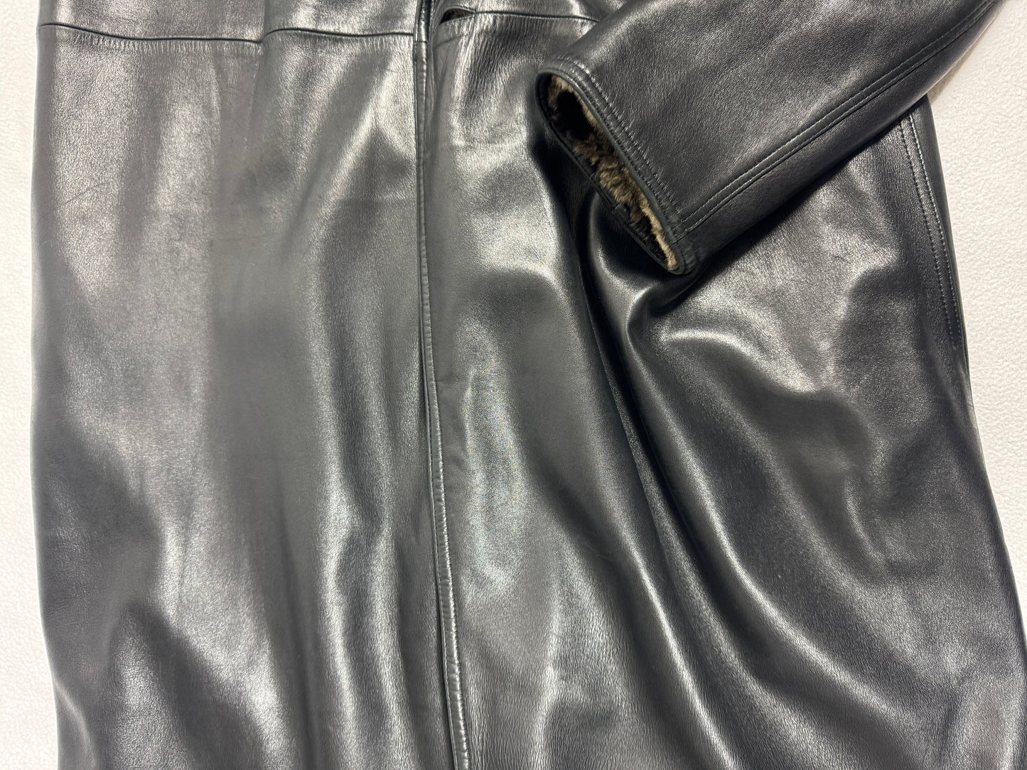 Vintage 1990's Gianni Versace Black Leather & Rex Chinchilla Fur Reversible Long Trench Coat Jacket