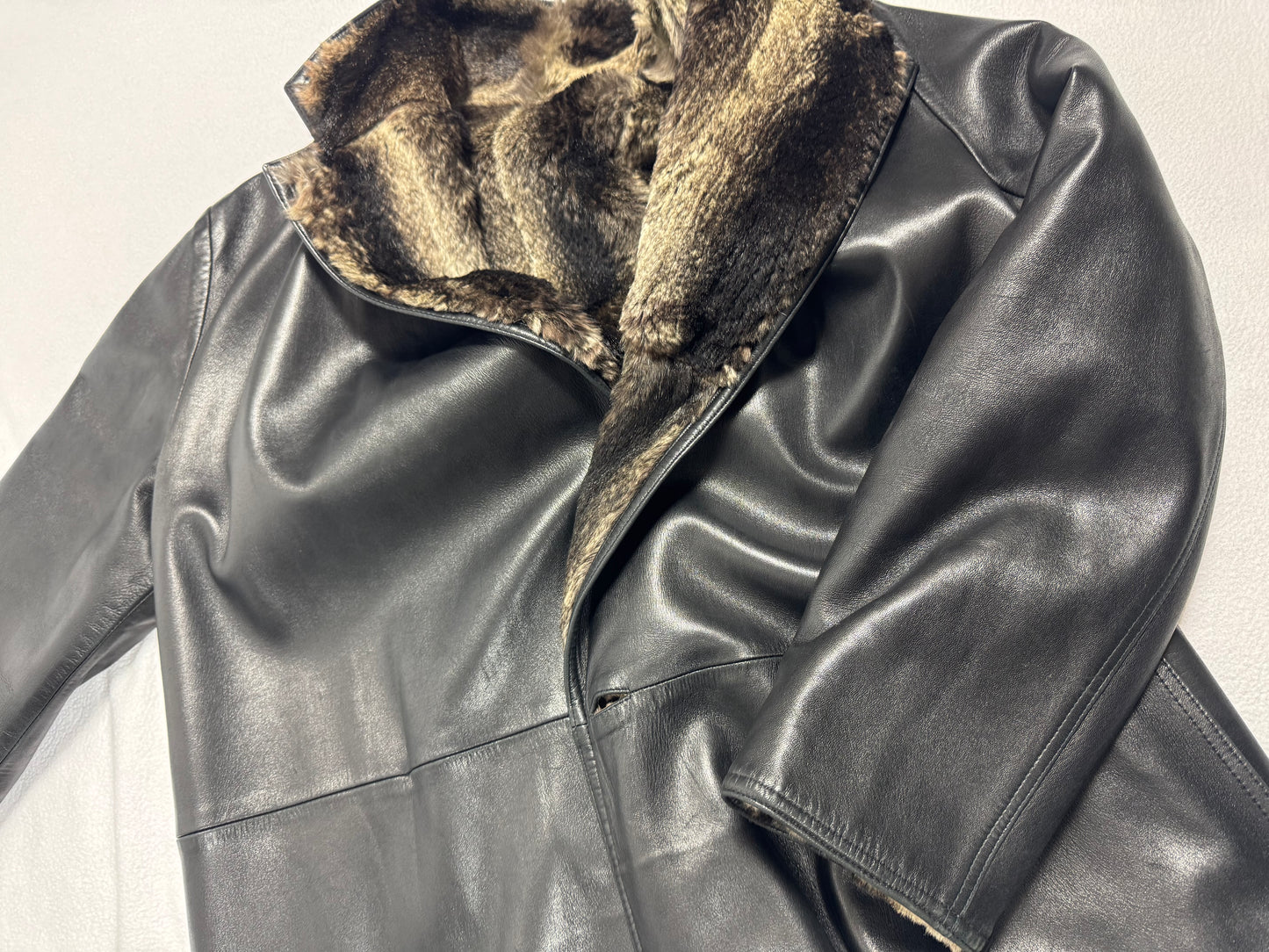 Vintage 1990's Gianni Versace Black Leather & Rex Chinchilla Fur Reversible Long Trench Coat Jacket