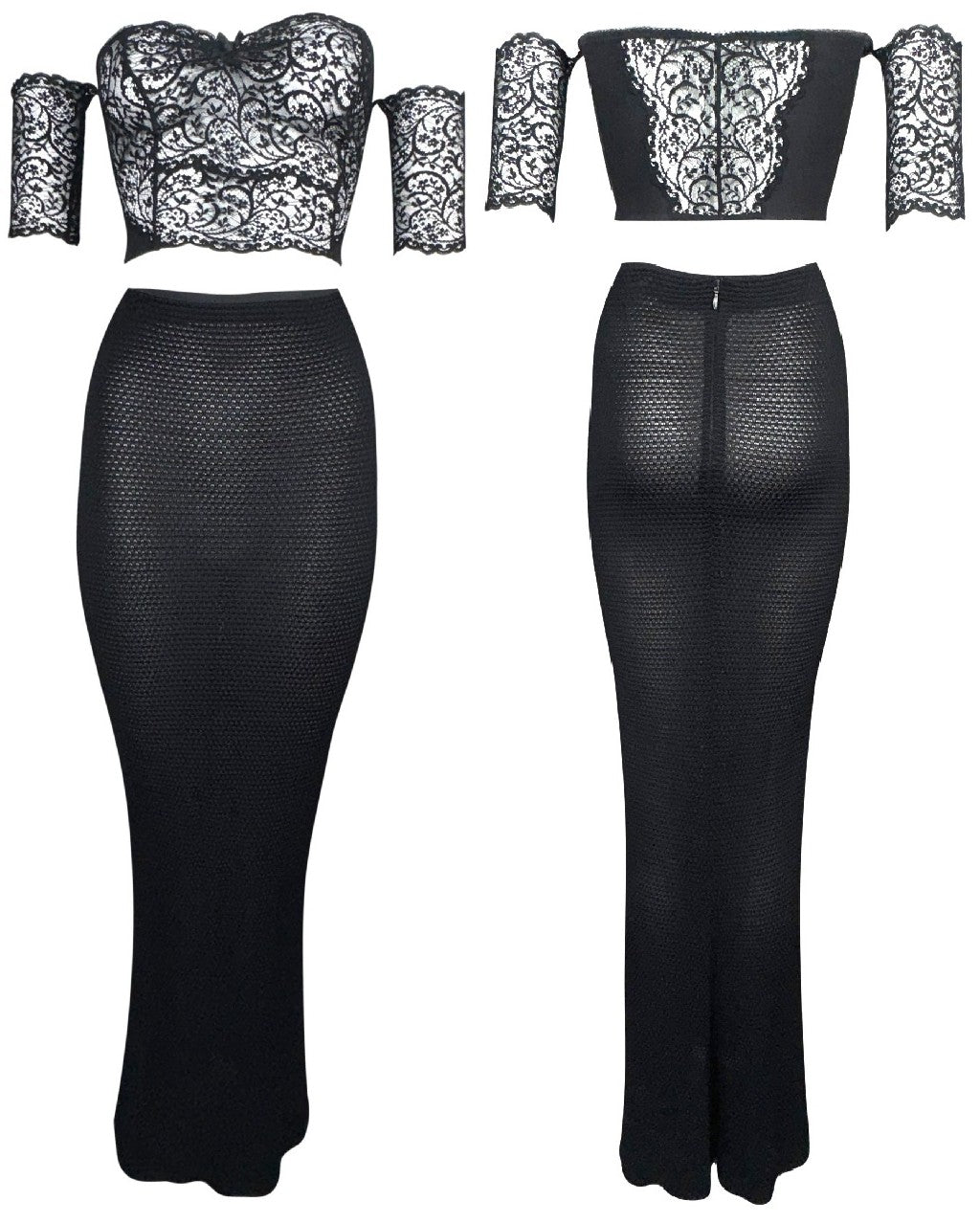 1990's Gianni Versace Pin-Up Sheer Black Lace Off Shoulder Crop Top & Wiggle Maxi Skirt Set