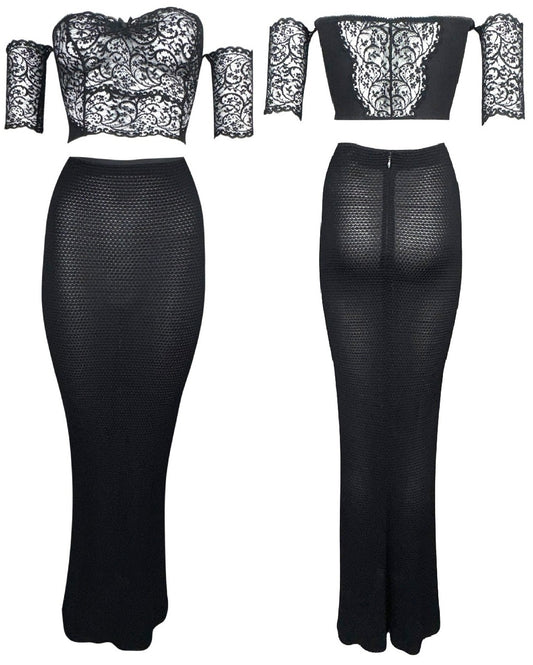 1990's Gianni Versace Pin-Up Sheer Black Lace Off Shoulder Crop Top & Wiggle Maxi Skirt Set