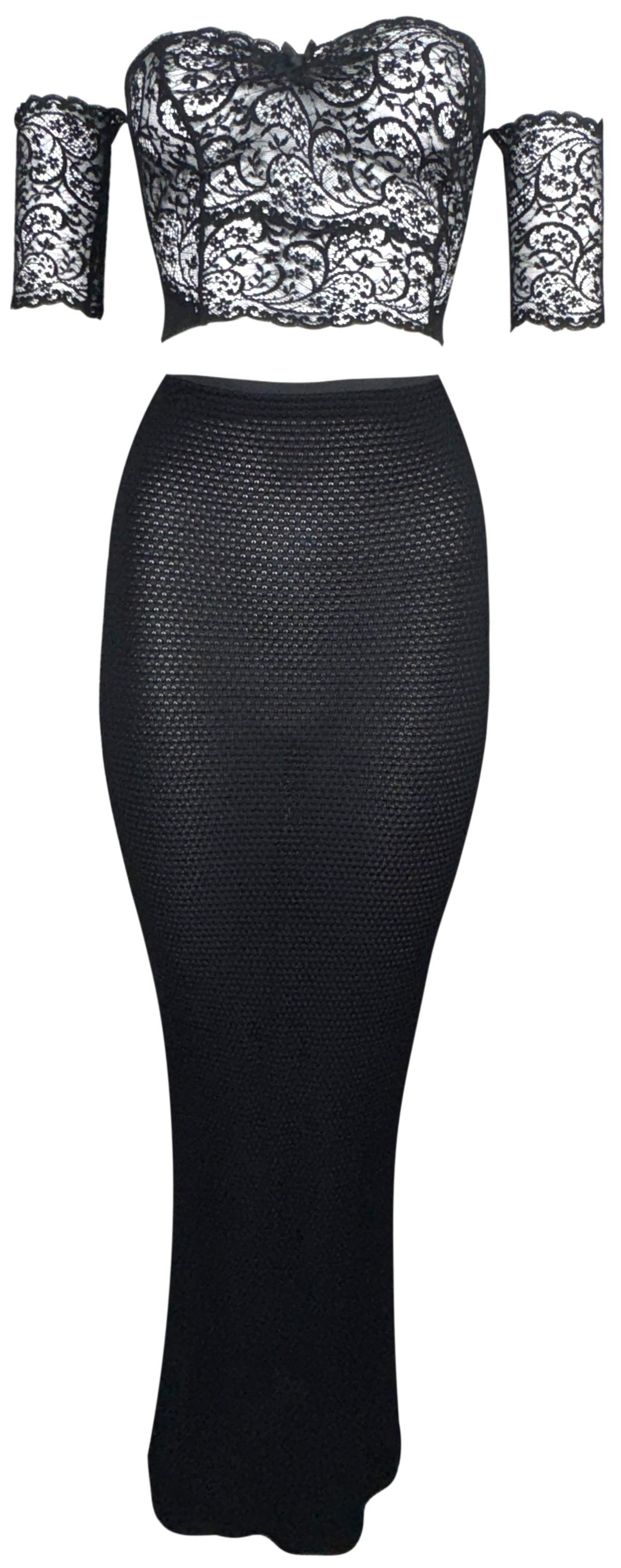 1990's Gianni Versace Pin-Up Sheer Black Lace Off Shoulder Crop Top & Wiggle Maxi Skirt Set
