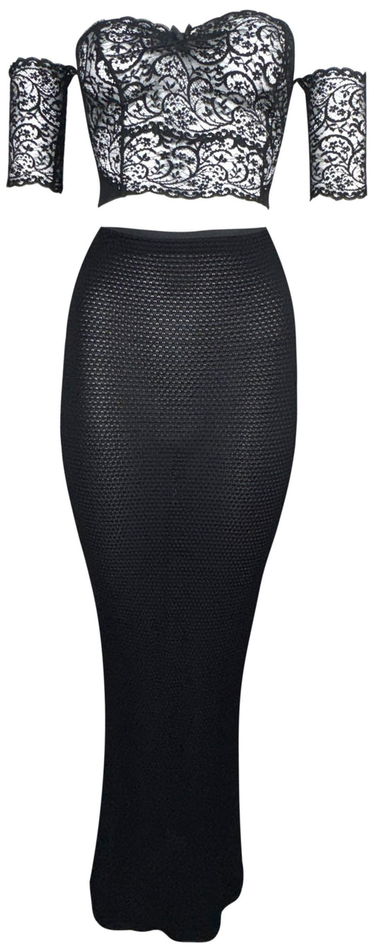 1990's Gianni Versace Pin-Up Sheer Black Lace Off Shoulder Crop Top & Wiggle Maxi Skirt Set