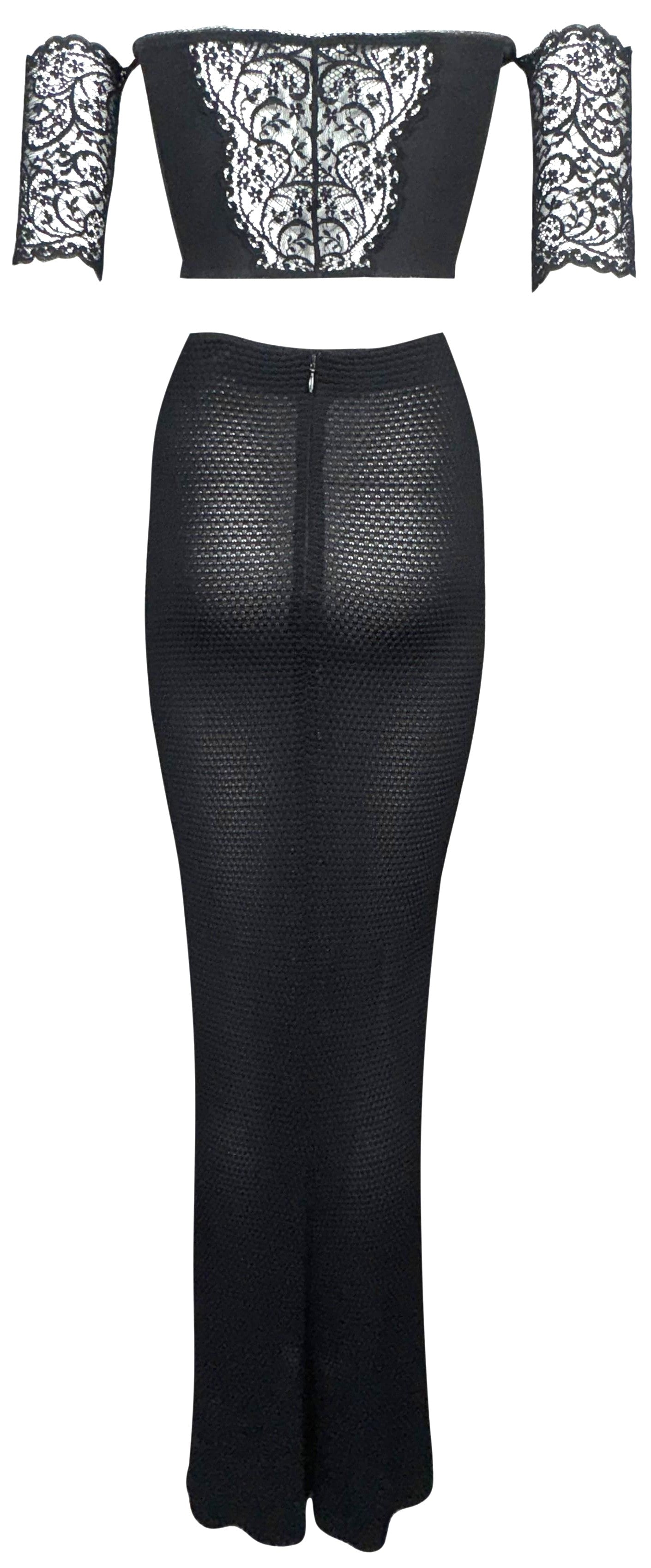 1990's Gianni Versace Pin-Up Sheer Black Lace Off Shoulder Crop Top & Wiggle Maxi Skirt Set