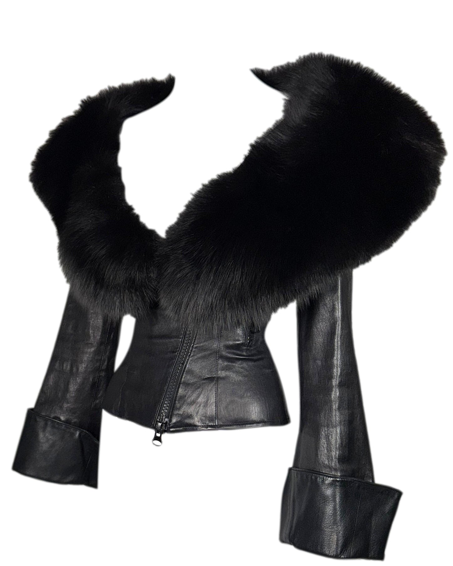 Vintage 1990's Jean Claude Jitrois Sexy Pin-Up Wide Neck Plunging Fox Fur Collar Fitted Leather Jacket