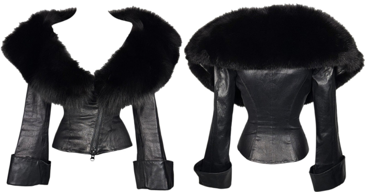 Vintage 1990's Jean Claude Jitrois Sexy Pin-Up Wide Neck Plunging Fox Fur Collar Fitted Leather Jacket