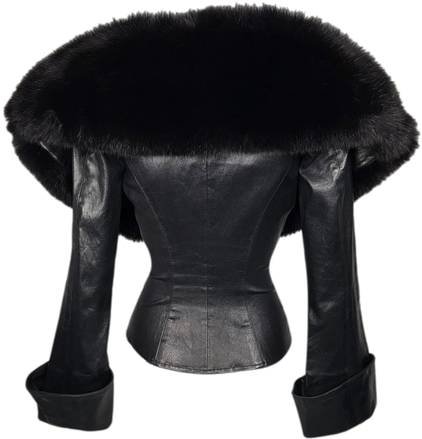 Vintage 1990's Jean Claude Jitrois Sexy Pin-Up Wide Neck Plunging Fox Fur Collar Fitted Leather Jacket