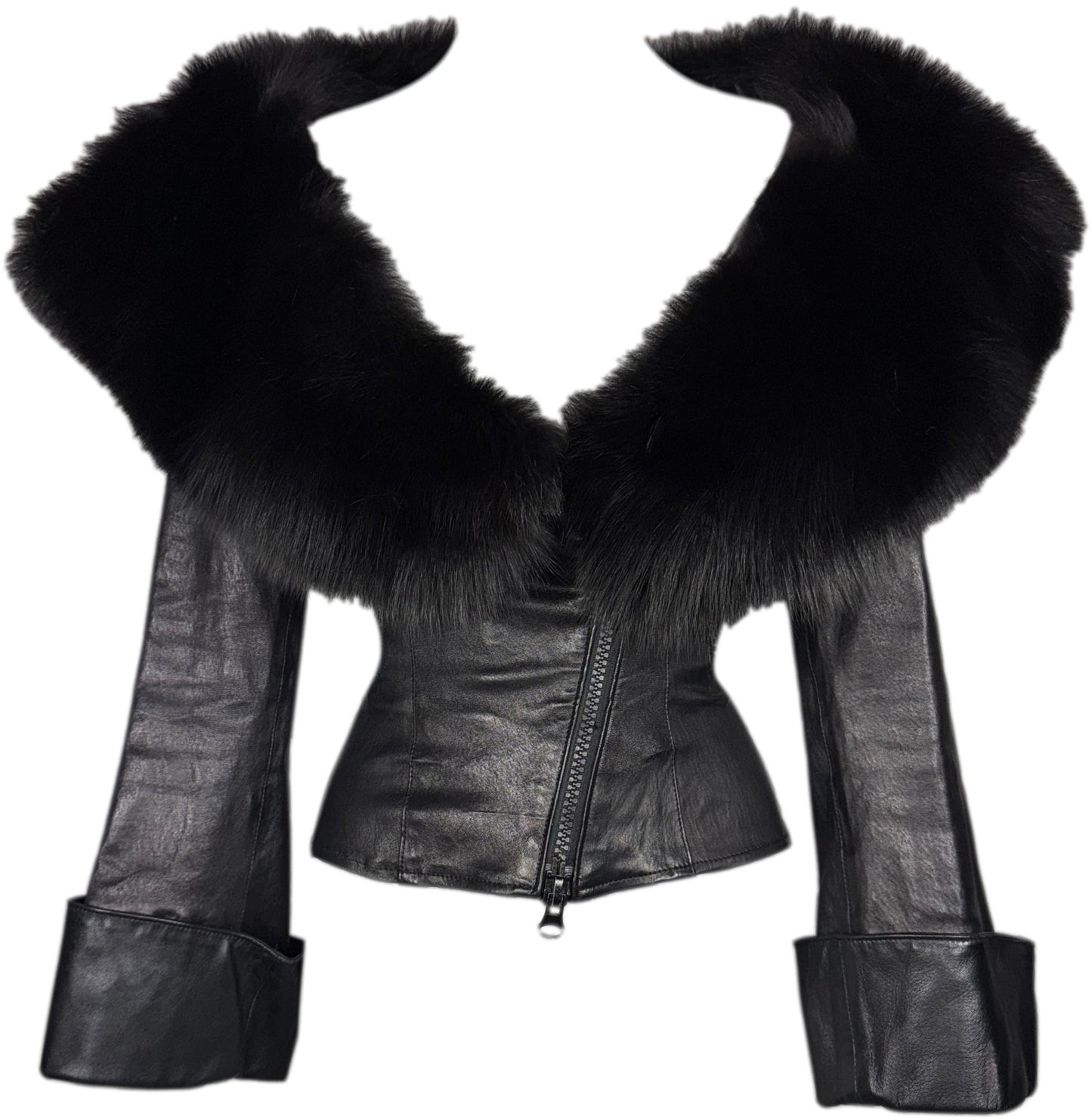 Vintage 1990's Jean Claude Jitrois Sexy Pin-Up Wide Neck Plunging Fox Fur Collar Fitted Leather Jacket
