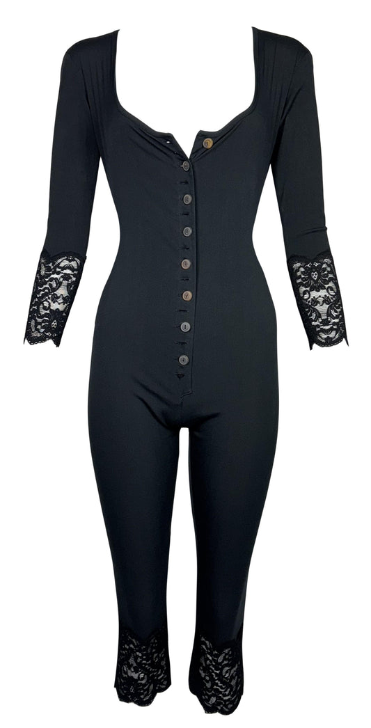 Vintage 1990's Jean Paul Gaultier Pin-Up Black Button Down Bodycon Lace Trim Romper Jumpsuit