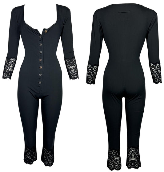 Vintage 1990's Jean Paul Gaultier Pin-Up Black Button Down Bodycon Lace Trim Romper Jumpsuit