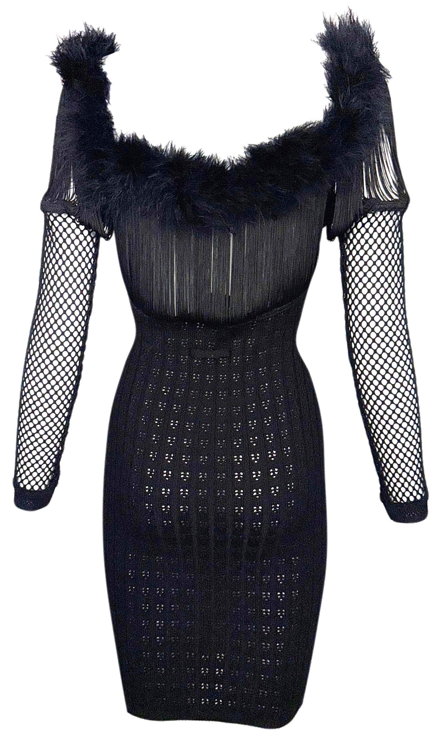 1990's Jean Paul Gaultier Sheer Black Fringe Chest Bodycon Knit Off Shoulder Feather Mini Dress