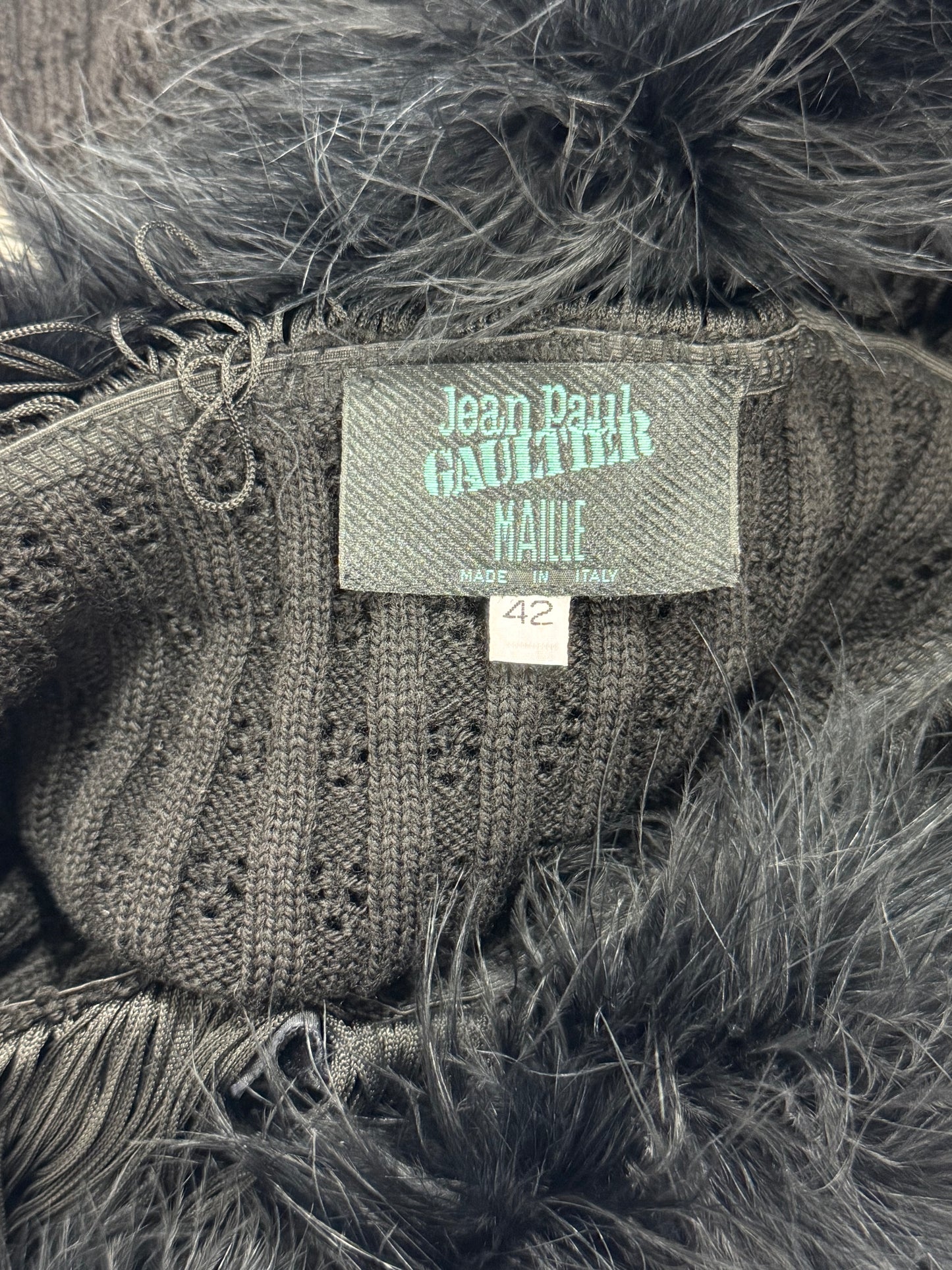 1990's Jean Paul Gaultier Sheer Black Fringe Chest Bodycon Knit Off Shoulder Feather Mini Dress