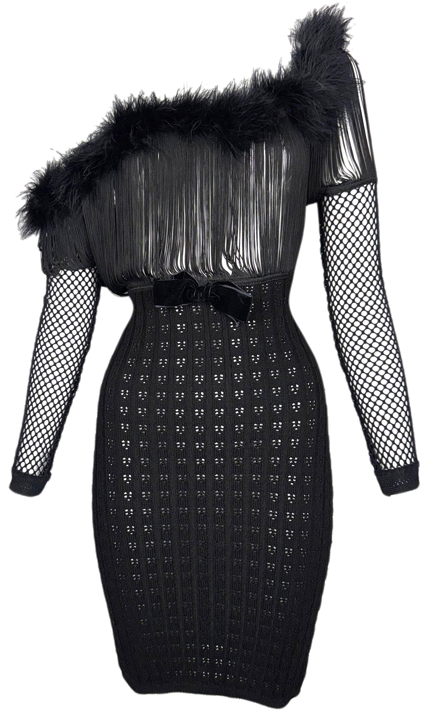 1990's Jean Paul Gaultier Sheer Black Fringe Chest Bodycon Knit Off Shoulder Feather Mini Dress