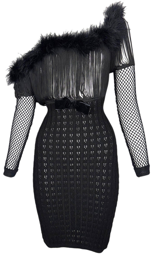 1990's Jean Paul Gaultier Sheer Black Fringe Chest Bodycon Knit Off Shoulder Feather Mini Dress