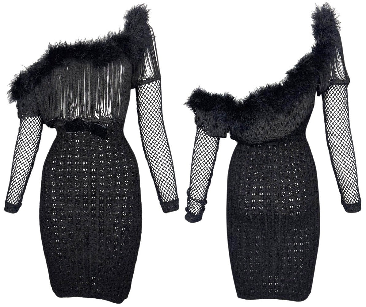1990's Jean Paul Gaultier Sheer Black Fringe Chest Bodycon Knit Off Shoulder Feather Mini Dress