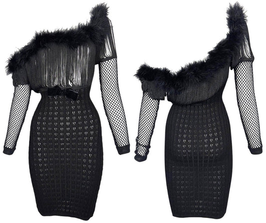 1990's Jean Paul Gaultier Sheer Black Fringe Chest Bodycon Knit Off Shoulder Feather Mini Dress
